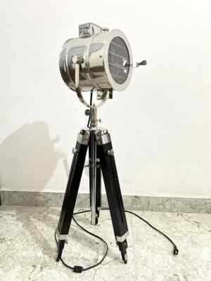 Silver Floor Lamp with Wooden Adjustable Tripod Marine Modern Studio Lamp-image