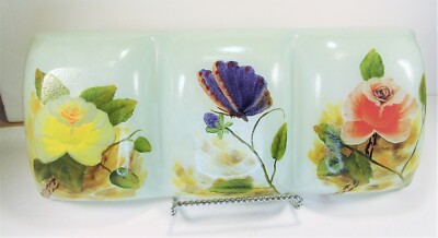 3 Part Divided Glass Candy Chip N Dip Dish Tray Decorative Hand Painted Flowers -image
