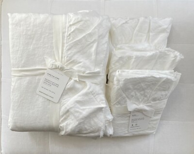 Pottery Barn BELGIAN FLAX LINEN FRINGE RUFFLE Duvet King & 3 Euro Sham White NWT-image