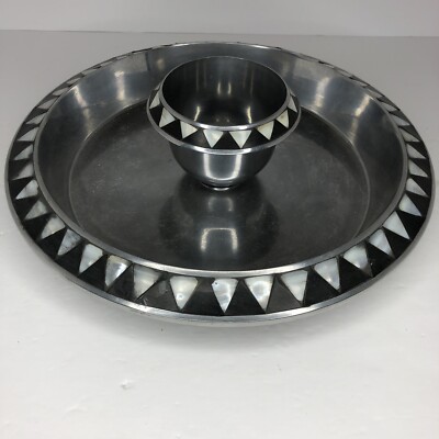 Large Towle Silversmiths Metal Platter Dip Tray Mother of Pearl Inlay 13