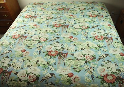 Pottery Barn Eliza King Duvet Cover Blue Floral Tropical Birds Cotton Coastal-image