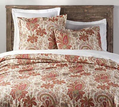 Pottery Barn King Duvet Cover with Shams Charlie Red Sage Paisley Organic Cotton-image
