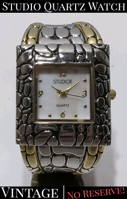 ✨VINTAGE✨ Studio Time Silver Gold Tone Mother of Pearl Clamper Bracelet Watch-image