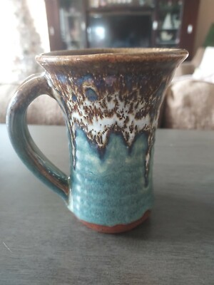 Vintage Studio Pottery Stoneware Brown & Blue Glazed Mug No Marking Vase Shape -image