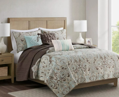 Madison Park 6-Piece Geneva Coverlet Quilt Set KING KING-CALI Paisley Blue Brown-image