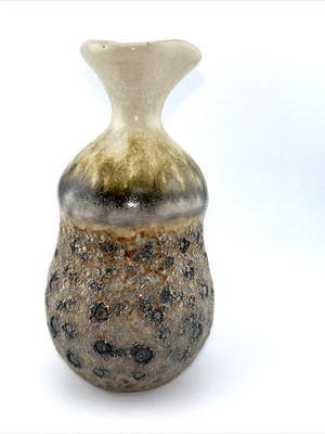 Studio Pottery Vase Tan & Brown Textured Lava Like Glaze Petal Shaped Rim-image