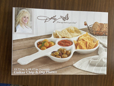 Dolly Parton Stoneware Guitar Shaped Chip & Dip Serving Platter Divided Dish-image