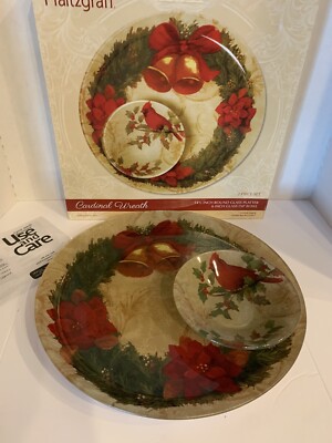 Glass Christmas Cardinal & Wreath Serving Dish Platter & Dip Bowl Pfaltzgraff-image