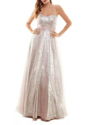 CITY STUDIOS Gown Juniors Size 7 Pink Silver Foil Print Sweetheart Dress NWOT-image