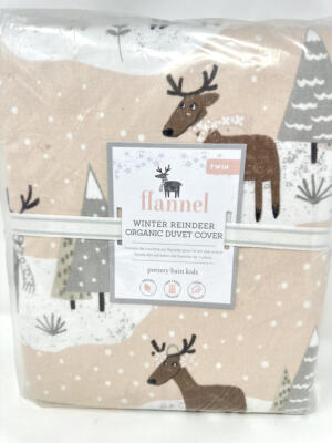 New~Pottery Barn Kids Winter Reindeer Flannel Duvet Cover~Twin~Blush-image