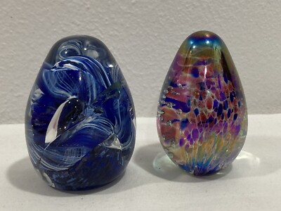 Vintage STUDIO ARTIST SIGNED & GES 97 ART GLASS Egg Shaped PAPERWEIGHT LOT OF 2-image