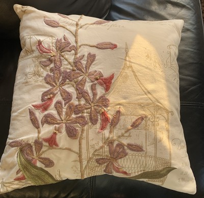Pottery Barn Embroidered Floral Pillow 20” French Writing Feather Insert-image