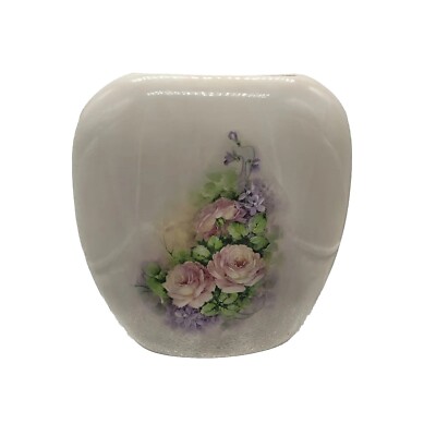 Vintage Signed Studio Pastel Pink Lavender Floral Heart Shape Ceramic Vase Nice-image