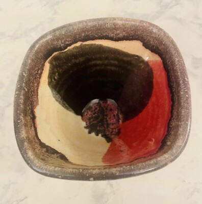 Lisa Howe Stoneware Reddish Pink Charcoal Small Square Boho Bowl Glazed Signed-image