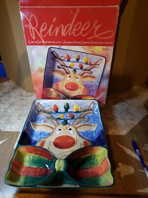Large Christmas Clay Art Reindeer Chip N Dip Divided Platter 15 1/4