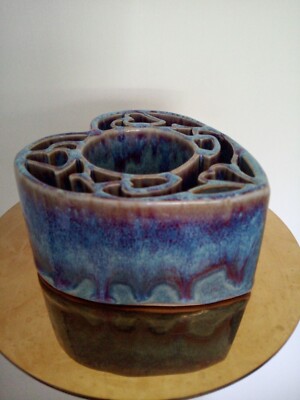 Studio Pottery Heart Shaped Cut Out Candle Holder Blue 2 x 4''-image