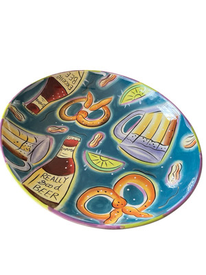 XL Hand Painted Stonelite Clay Art BEER TIME Football Chip/Dip Platter+ Sm. Bowl-image