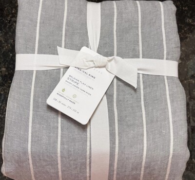 Pottery Barn Belgian Flax Linen Stripe Duvet Cover King/Cal King Flagstone NWT-image