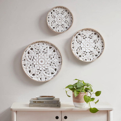 Madison Park Medallion Trio 3-Piece Natural/White Carved Wood Wall Decor Set-image