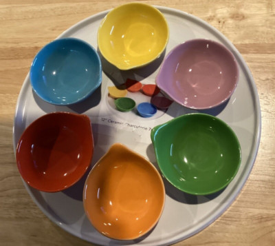 12”D Stoneware Charcuterie 7 piece Colorful Dip Dishes W/White Base-image