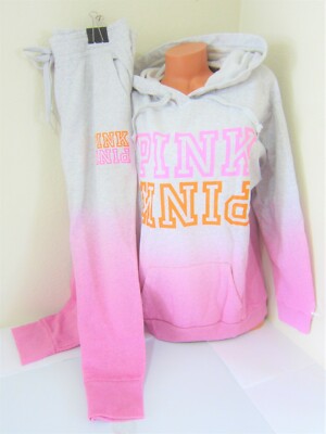 LOT Victoria's Secret Pink OMBRE BUBBLE DIP DYE LOGO PULLOVER HOODIE PANT XL SET-image