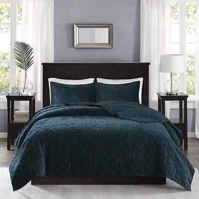 Madison Park Harper Quilted Velvet 3-Pc. Coverlet Set, Full/Queen, Emerald-image