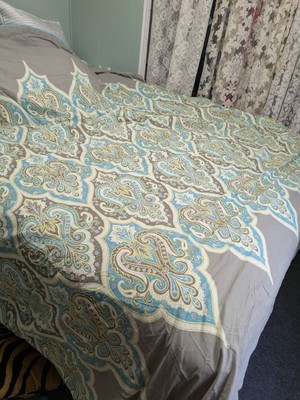 Madison Park Nisha Queen Size Turquoise Gray Medallion Paisley Duvet Cover-image