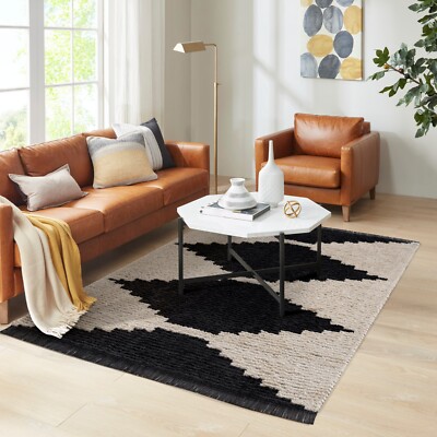 Madison Park Abstract Black & Ivory Modern Soft Area Rug Non-Slid for Home Decor-image