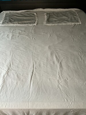 Pottery Barn California King Tencel Duvet Cover Linen Border Gray 2 Pillowcases-image