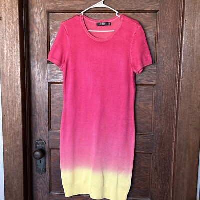 Lauren Ralph Lauren Pink Yellow Dip Dyed Short Sleeve Sweater Dress Sz L Black-image
