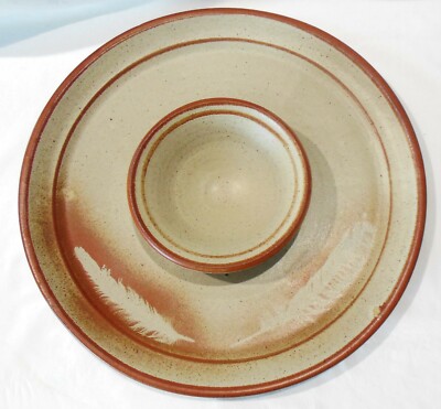 Large Art Pottery 1-Piece Chip N Dip Tray Brown with Feathers Signed 15”-image
