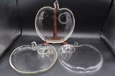 3 Vintage Hazel Atlas Clear Glass Apple Shaped w/Stem Serving Trays / Plates VGC-image