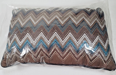 Madison Park Throw Pillow Brown Blue Embroidered Decorative 12x 18in NIP-image