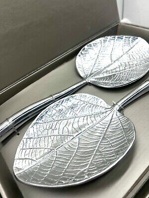 Pottery Barn Short Frangipani Servers Leaf Silver Metal Brand-New N Box GAR5-image