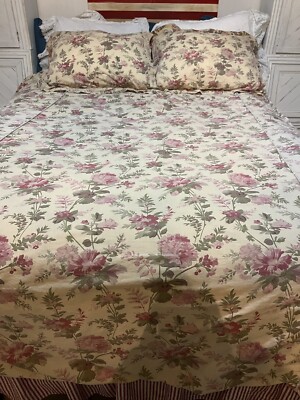 Vintage Pottery Barn Duvet & Shams Shabby Beige Pink Floral Cottage Core F/Q-image