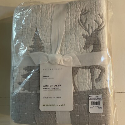 *NEW Pottery Barn  WINTER DEER Quilted EURO SHAM Reverses-image
