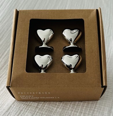 Pottery Barn SILVER METAL HEART PLACE CARD HOLDERS Set of 4 Dinner Table Decor-image