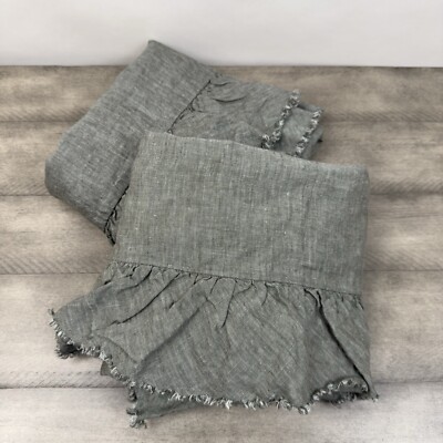 Pottery Barn Belgian Flax Linen Fringe Ruffle Standard Shams Set/2 Dark Forest-image
