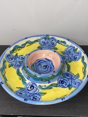 Kelly Jo Pottery Signed Lrg Chip Dip Tray Platter Colorful Blue Roses Flowers-image