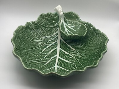 LARGE  Pinheiro Portugal Majolica Green Cabbage Leaf Chip and Dip 13 1/4”-image