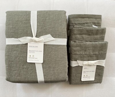 Pottery Barn BELGIAN FLAX LINEN Duvet King/Cal King & 3 Euro Shams Loden NWT-image