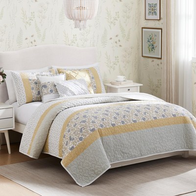 100% Cotton Quilt Set Floral Print, Double Sided Stitching, All Season, Light...-image