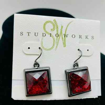 Studio Works Square Shape RED Fashion Earrings NEW-image
