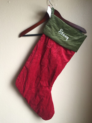 Pottery Barn Large velvet Stocking Red with Green cuff STACY Mono WRINKLED 8-image