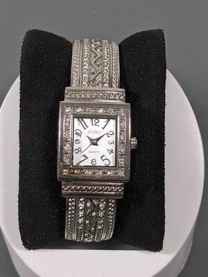 Studio Womens Silver Tone Square Dial Crystal Accent Hinge Bracelet Watch 6 inch-image
