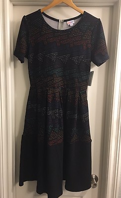 LuLaRoe Amelia Large Black Multi Colored Polka Dot Dipped Border Geometric NWT-image