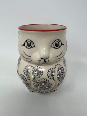 Yokohama Studio Cat-Shaped Ceramic Mug With 3D Floral Design & Red Handle-image