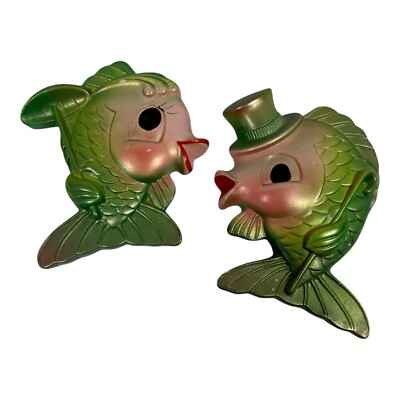 Vintage Anthropomorphic Kissing Fish Chalkware Wall Plaques Miller Studio 1969-image