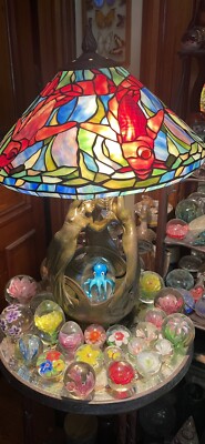 Art Nouveau French Mermaid Lamp& Tiffany Reproduction Fish Stained Glass Shade-image