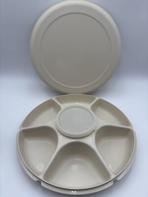 Vintage Tupperware Chip Dip Snack Serving Tray Lid 1665-2 with Dip Cup 1667-9-image